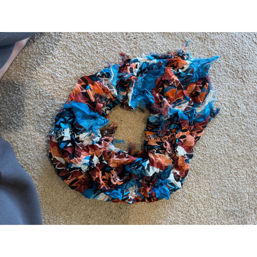 Boho Abstract Geometric Infinity Scarf Blue Orange Raw Fringe Edge Circle Scarf